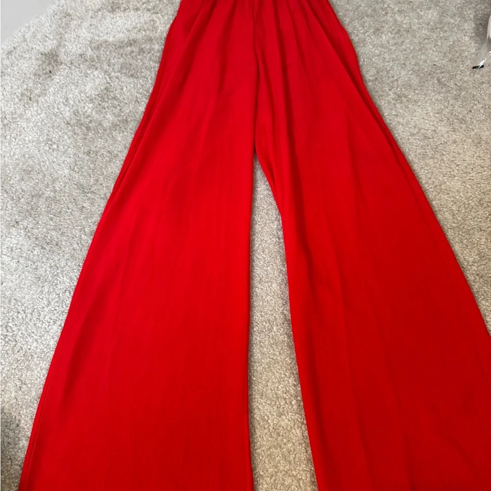 Striped Black and White Jumpsuit with Bustier Top and red wide legged pants - Picture 4 of 6